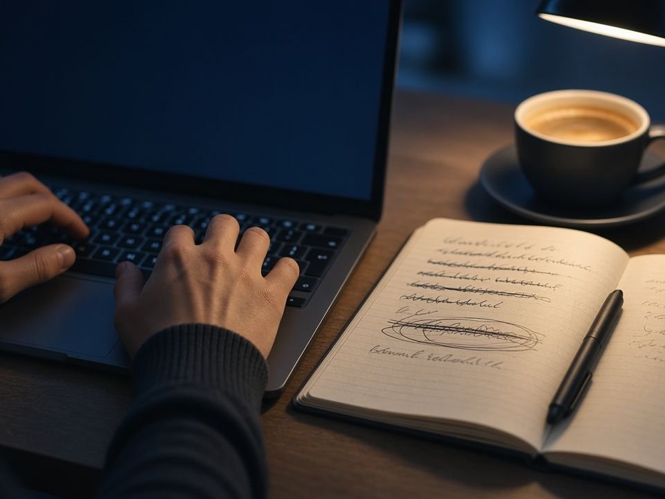 Hands typing on a laptop next to a notebook of headline drafts
