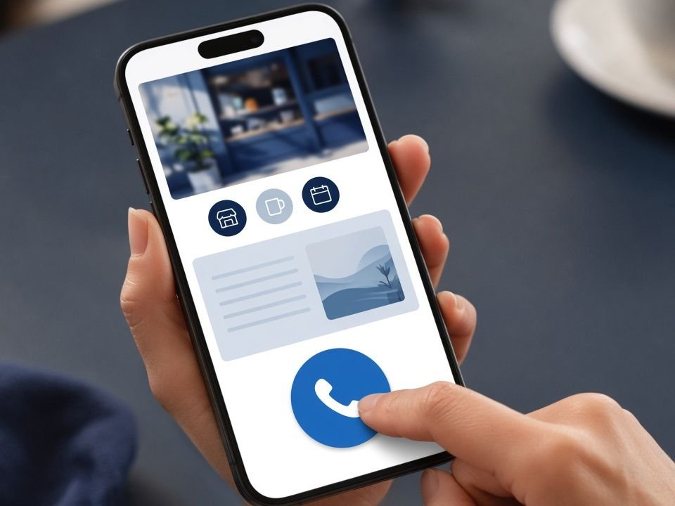 Thumb tapping a call button on a small-business mobile website