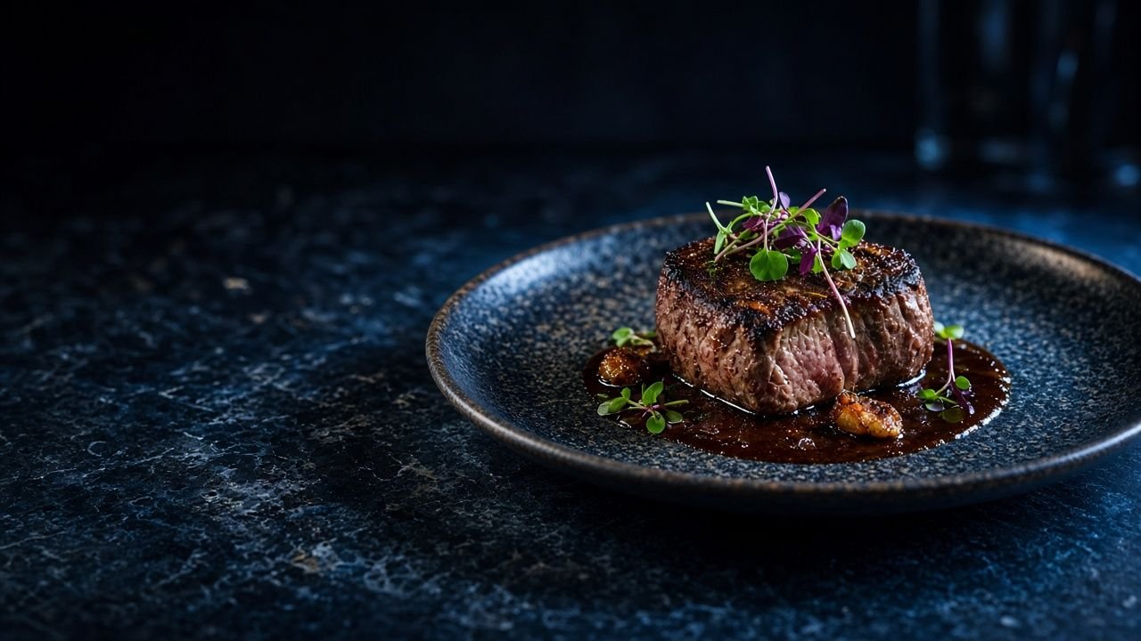 Illustration of a seared steak with microgreens and a glossy sauce on a dark speckled plate, lit low and moody