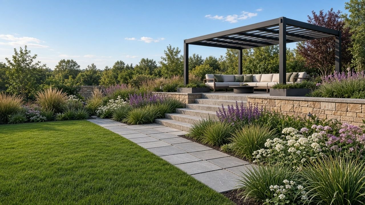 Illustration of a landscaped backyard with a lawn, a stone path and steps, flowering beds, and a modern pergola over outdoor seating