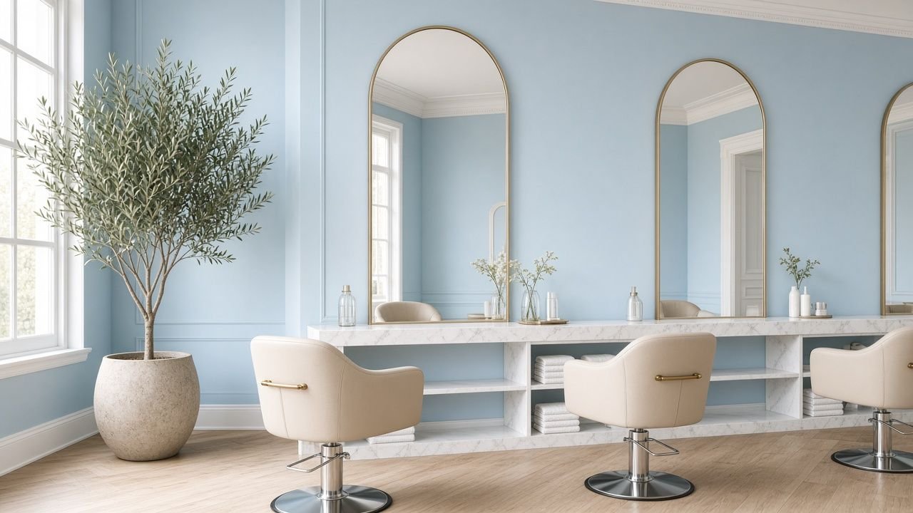 Illustration of a bright pale-blue salon with arched brass mirrors, cream styling chairs, and a potted olive tree