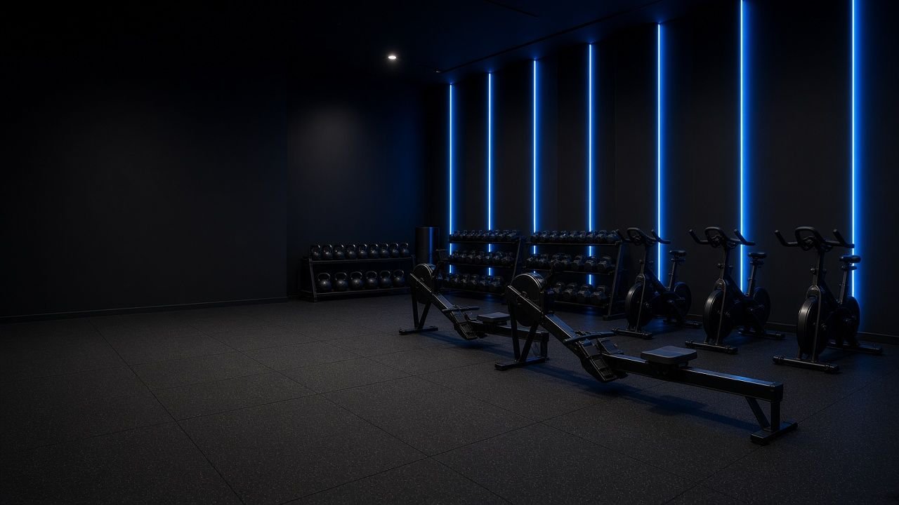Illustration of a dark boutique training studio lit by vertical blue LED strips, with rowing machines, bikes, and dumbbell racks