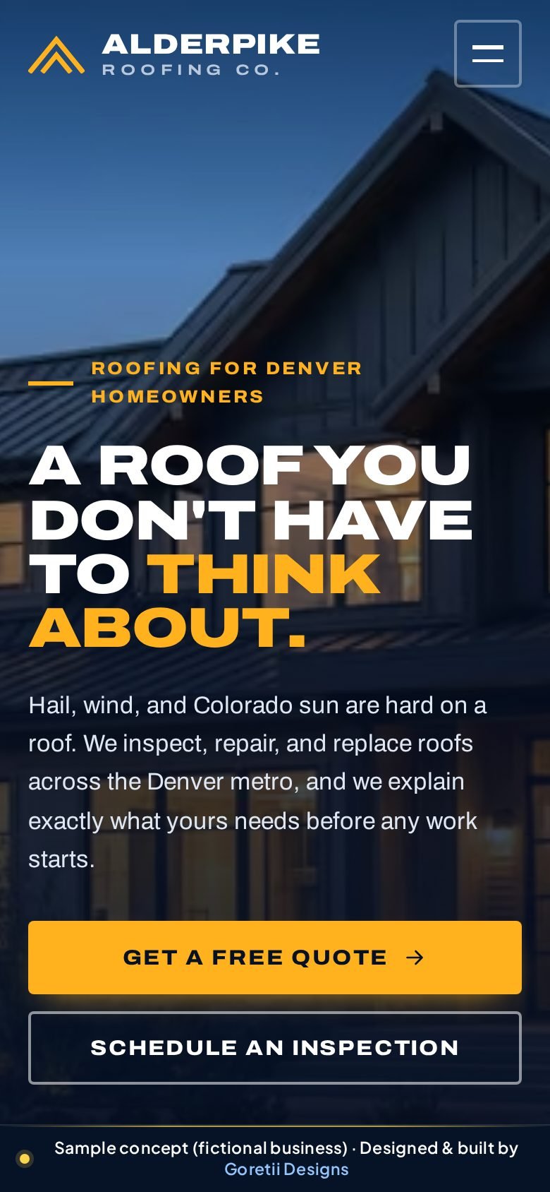 Mobile homepage of Alderpike Roofing Co., a fictional roofing company, sample concept by Goretii Designs