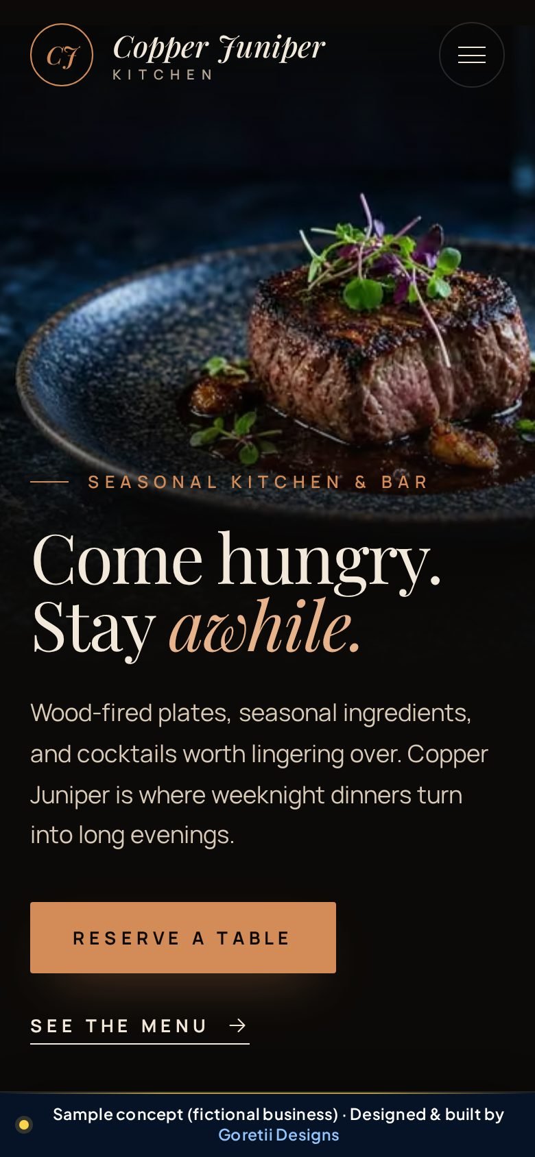 Mobile homepage of Copper Juniper Kitchen, a fictional restaurant, sample concept by Goretii Designs