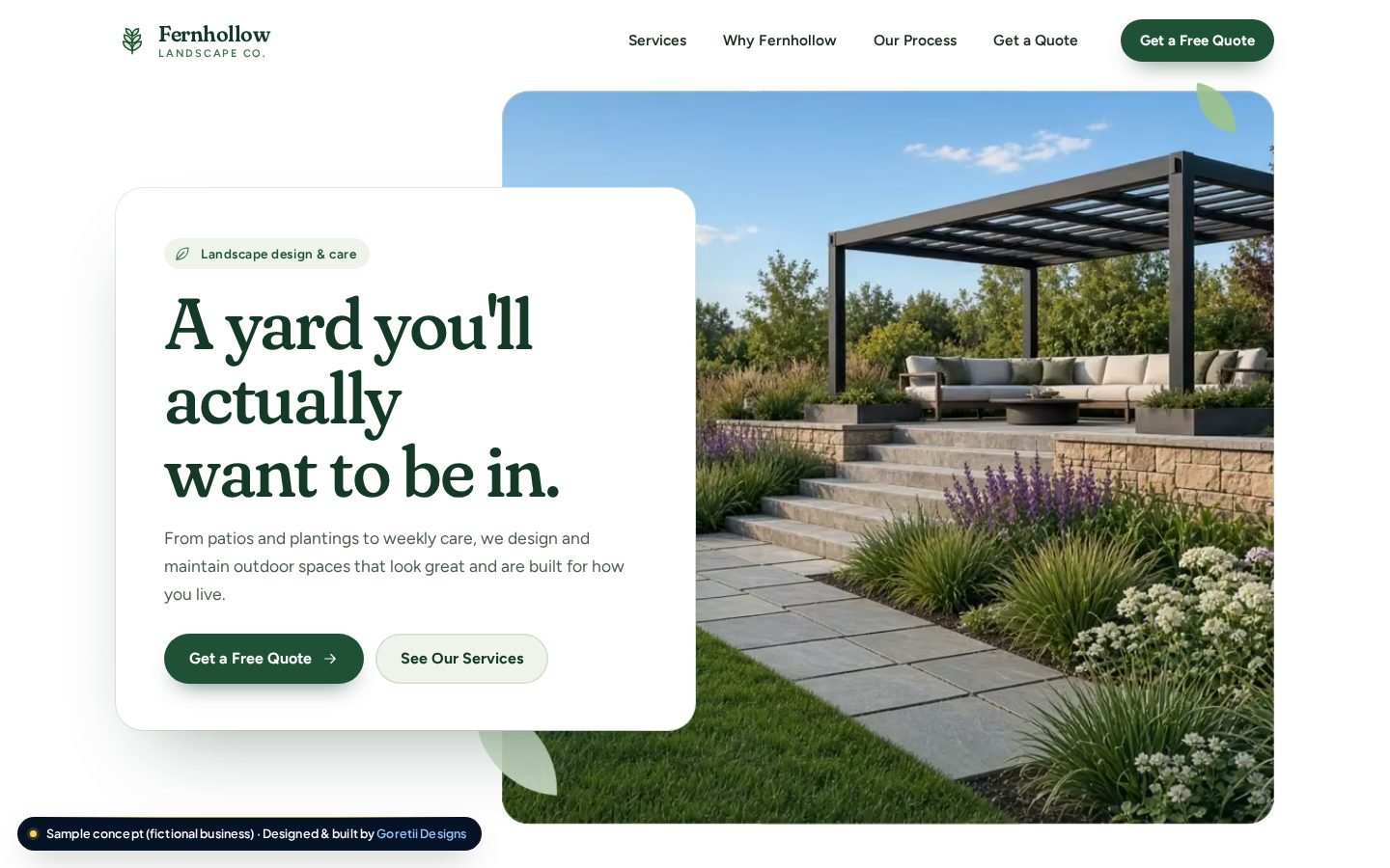 Homepage of Fernhollow Landscape Co., a fictional landscaping company, sample concept by Goretii Designs