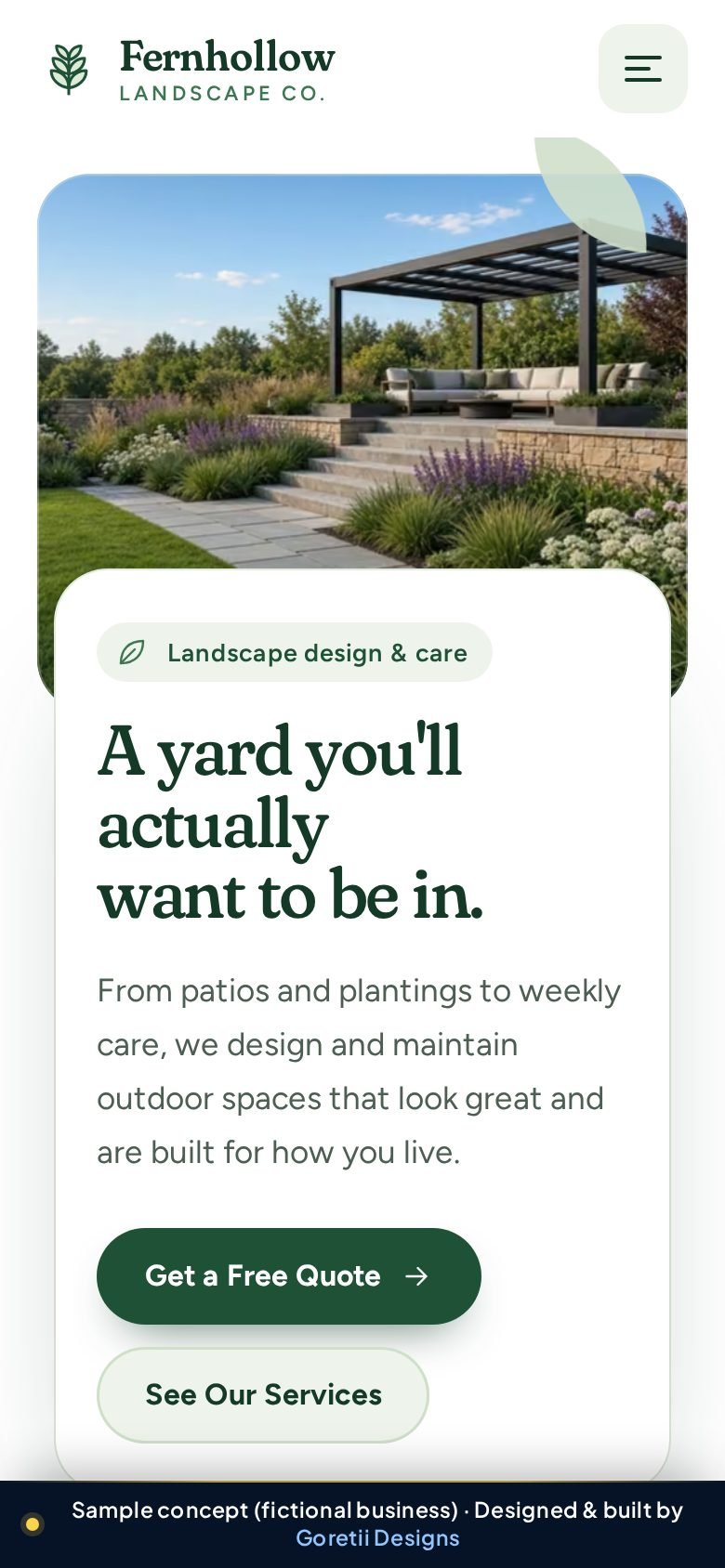 Mobile homepage of Fernhollow Landscape Co., a fictional landscaping company, sample concept by Goretii Designs