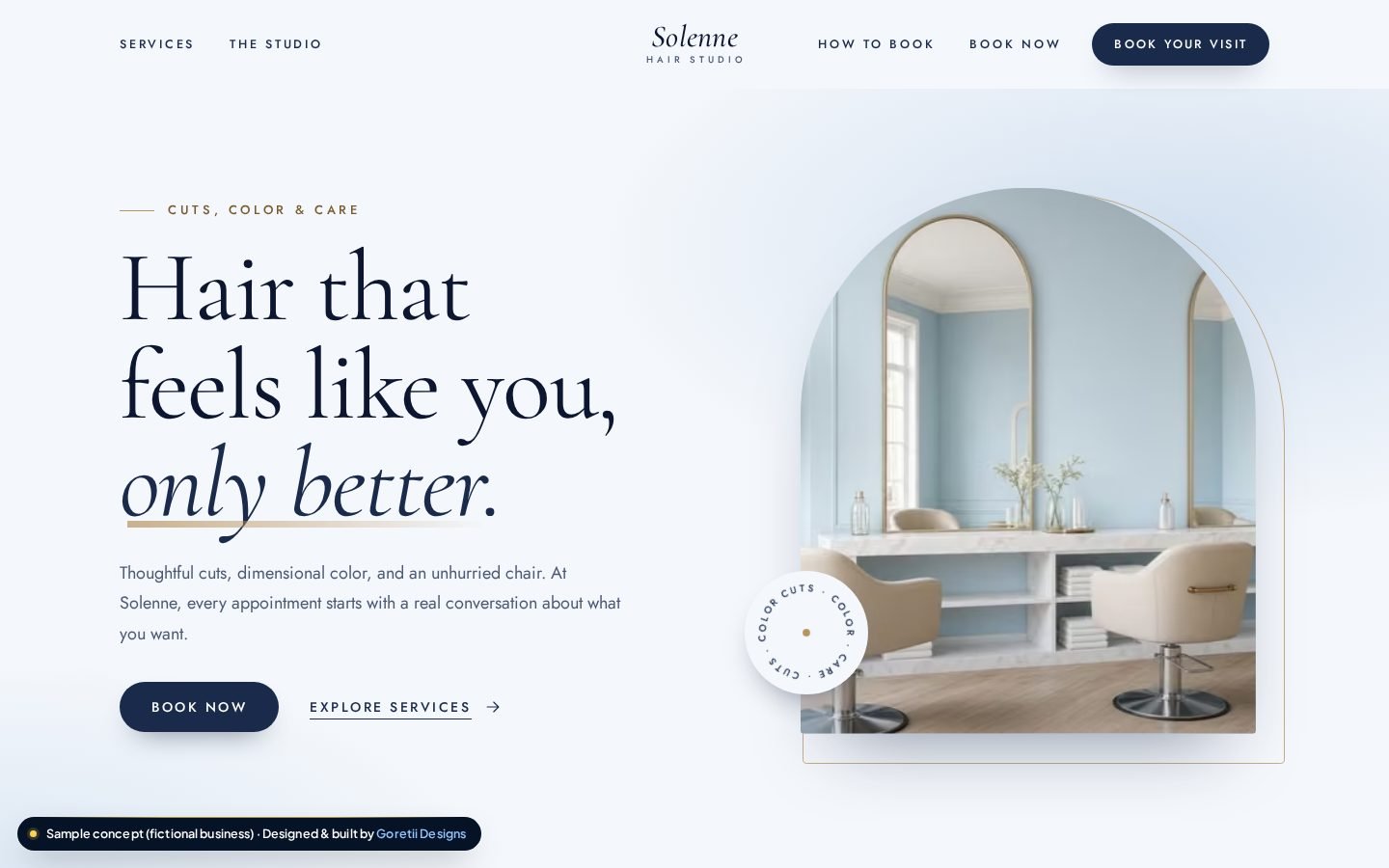 Homepage of Solenne Hair Studio, a fictional hair salon, sample concept by Goretii Designs