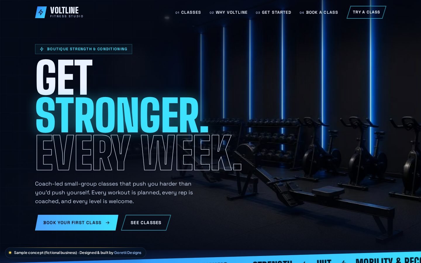 Homepage of Voltline Fitness Studio, a fictional fitness studio, sample concept by Goretii Designs