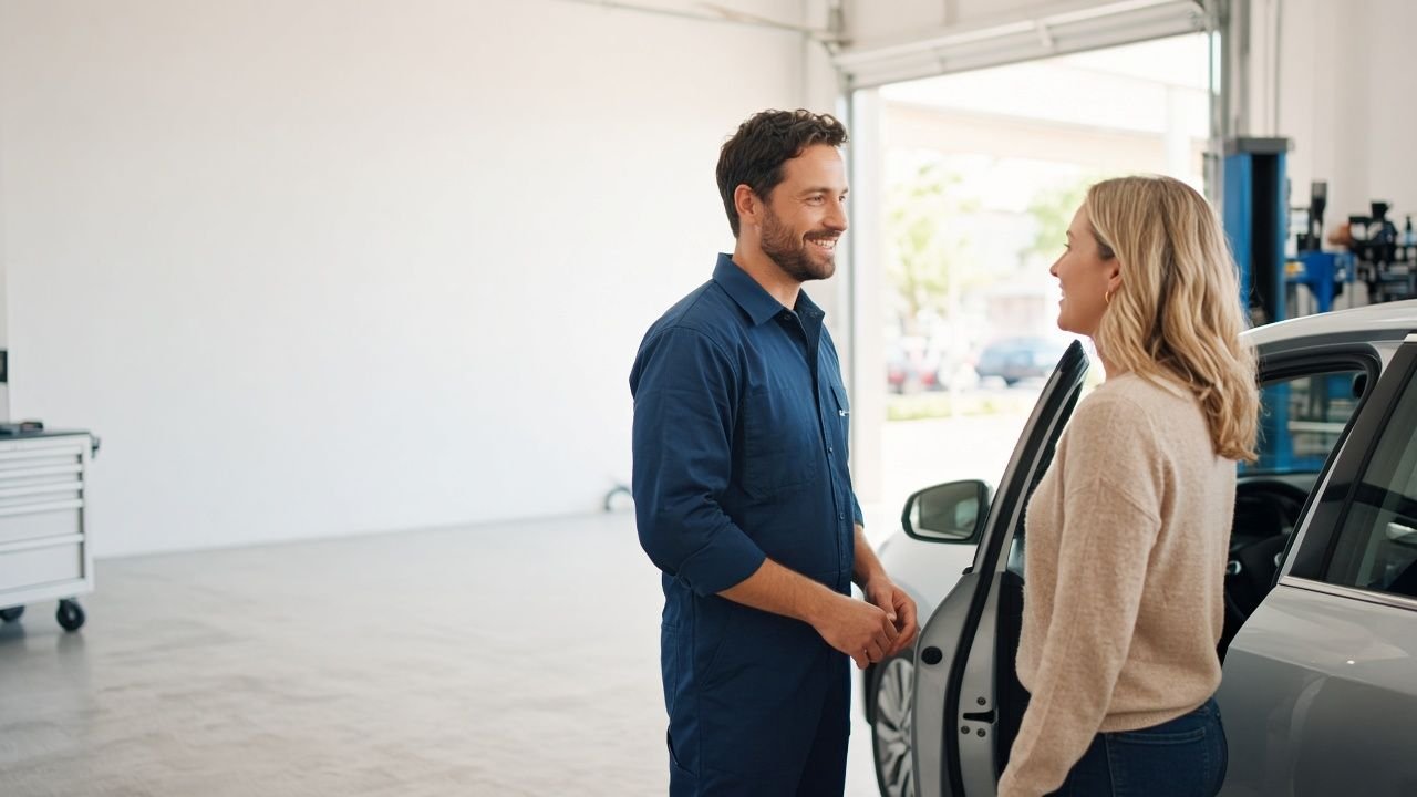 Technician talking with a customer beside her car in a bright repair shop